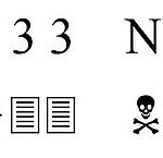 Text and symbols including plane and skull.