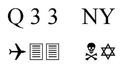 Text and symbols including plane and skull.
