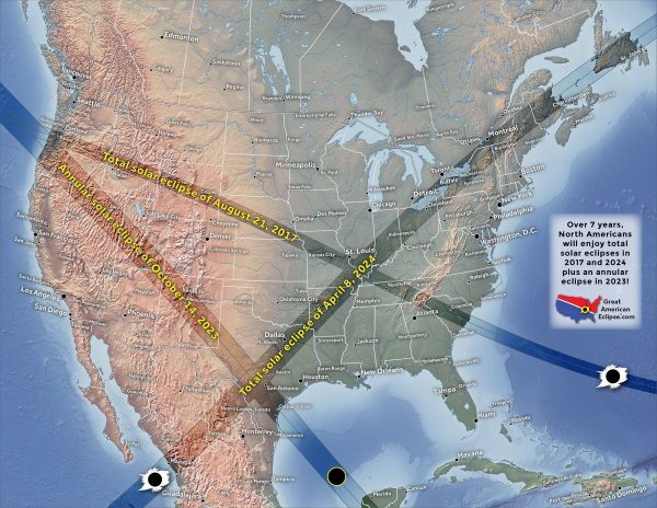 Map showing solar eclipse paths over USA.