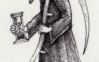 Grim Reaper holding hourglass and scythe.