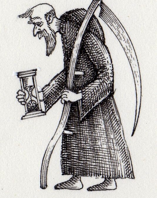 Grim Reaper holding hourglass and scythe.