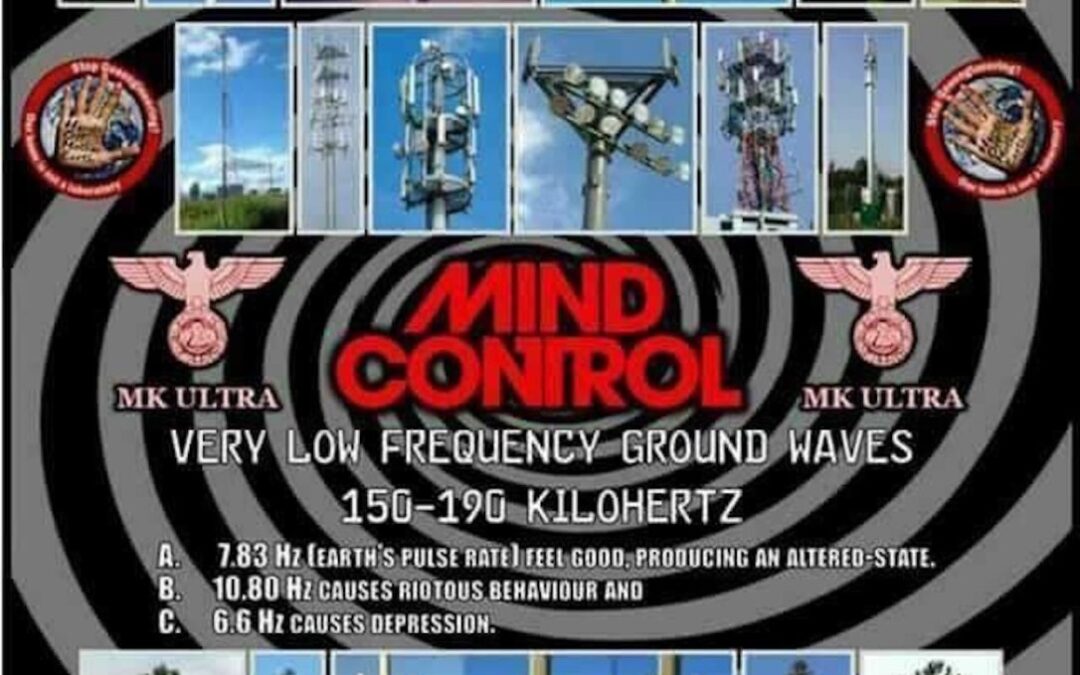 Conspiracy-themed poster with communication towers.