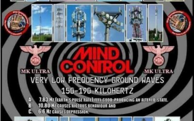 Conspiracy-themed poster with communication towers.