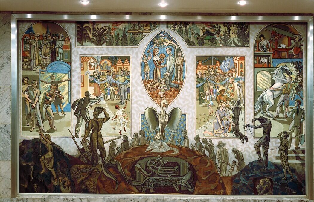 Mural depicting historical and symbolic scenes.