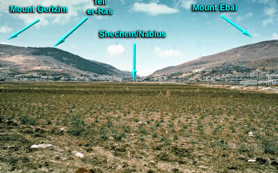 Shechem/Nablus landscape with labeled mountains.