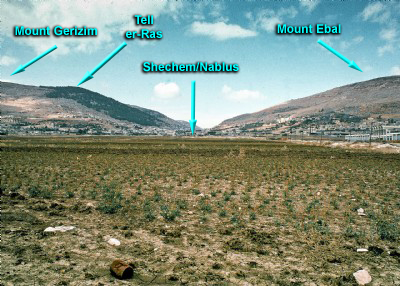 Shechem/Nablus landscape with labeled mountains.